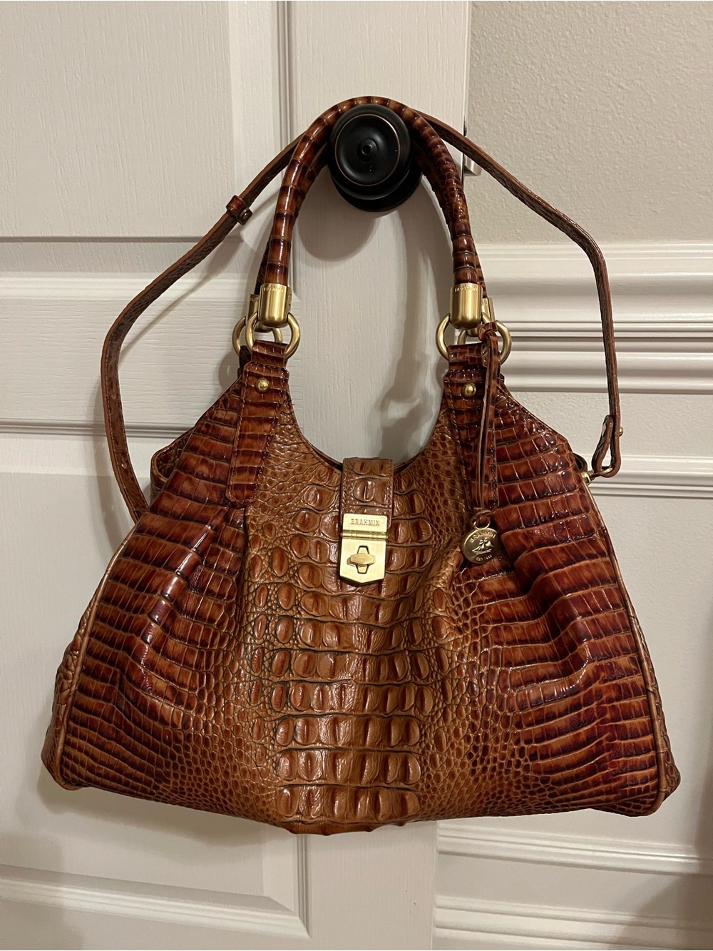 Brahmin Pecan Croc-Embossed Leather Shoulder Bag with Gold Hardware